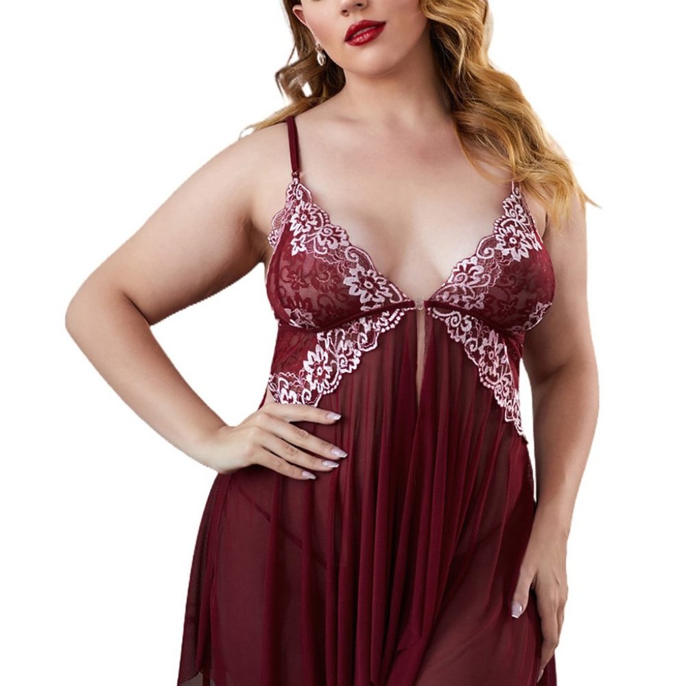 Wine Red Lace Stitching Sheer Tulle Plus Size Babydoll Lingerie - Picture 5 of 6